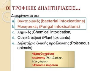 ΟΙ ΤΡΟΦΙΚΕΣ ΔΗΛΗΤΗΡΙΑΣΕΙΣ…
Διακρίνονται σε:
a. Βακτηριακές (bacterial intoxications)
b. Μυκητιακές (Fungal intoxications)
c. Χημικές (Chemical intoxication)
d. Φυτικά τοξικά (Plant toxicants)
e. Δηλητήρια ζωικής προέλευσης (Poisonous
animals)
•Βραχύς χρόνος
επώασης (λεπτά μέχρι
λίγες ώρες)
•Απουσία πυρετού
 