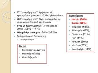  27 Σεπτέμβρη 2007: Εμφάνιση 18
κρουσμάτων γαστρεντερίτιδας ηλικιωμένων
 26 Σεπτέμβρη 2007/ Είχαν παρευρεθεί σε
κοινό γεύμα (παρτυ) 125 άτομων
 Έναρξη συμπτωμάτων: 3.4 h μετά το
γεύμα (εύρος: 1–7 h);
 Μέση διάρκεια συμπτ.: 24 h (2–72 h)
 Επιδημιολογική διερεύνηση
◦ Ερωτηματολόγια
Συμπτώματα
 Ναυτία (94%),
 Έμετος (89%),
 Διάρροια (62%),
 Αδυναμία (67%),
 Εφίδρωση (61%),
 Ρίγη (44%),
 Κόπωση (39%),
 Μυαλγία(28%),
 Κεφαλαλγία (11%)
Μενού
• Μαγειρευτά λαχανικά
• Βραστές σαλάτες
• Παστό ζαμπόν
 