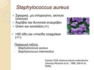 Staphylococcus aureus
 Σφαιρικό, μη σπορογόνο, ακίνητο
(coccus)
 Αερόβιο και δυνητικά αναερόβιο
 Gram και καταλάση (+)
 >50 είδη και υποείδη coagulase
(+/-)
Παραγωγή τοξίνης
◦ Staphylococcus aureus
◦ Staphylococcus intermedius
Certain CNS strains produce enterotoxins
(Vernozy-Rozand et al., 1996; Zell et al.,
2008).
 