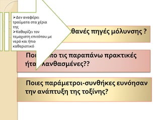 Ποιές απο τις παραπάνω πρακτικές
ήταν λανθασμένες??
Ποιες παράμετροι-συνθήκες ευνόησαν
την ανάπτυξη της τοξίνης?
Ποιες είναι οι πιθανές πηγές μόλυνσης ?
Δεν αναφέρει
τραύματα στα χέρια
της
Καθαρίζει τον
τεμαχιστη επιτόπου με
νερό και ήπιο
καθαριστικό
 