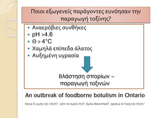 Συμπεράσματα
 Αναερόβιες συνθήκες
 pH >4.6
 Θ > 4°C
 Χαμηλά επίπεδα άλατος
 Αυξημένη υγρασία
Βλάστηση σπορίων –
παραγωγή τοξινών
Ποιοι εξωγενείς παράγοντες ευνόησαν την
παραγωγή τοξίνης?
 