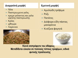 Κοινό σαπρόφυτο του εδάφους
Μεταδίδεται εύκολα σε πολλούς τύπους τροφίμων, ειδικά
φυτικής προέλευσης
Διαρροϊκή μορφή Εμετική μορφή
 Γάλα
 Παστεριωμενο γαλα,
 κρεμα γαλακτος και γαλα
υψηλης παστεριωσης
 Κρέας
 ιχθηυρα
 Λαχανικα
 Αμυλώδη τρόφιμα
 Ρύζι
 Πατάτες
 Διάφορα είδη πάστας
μακαρόνια
 Κινέζικα φαγητά
 