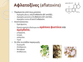 Αφλατοξίνες (aflatoxins)
 Παράγονται από τους μύκητες
◦ Aspergillus flavus, only B aflatoxins (B1 and B2),
◦ Aspergillus parasiticus G aflatoxins (G1 and G2),
◦ Aspergillus nomius B and G aflatoxins,
 Αναπτύσσονται:
◦ ξηρά φρούτα,
◦ ξηρούς καρπούς (ιδιαίτερα στα αράπικα φυστίκια και
αμύγδαλα),
◦ μπαχαρικά,
◦ σιτηρά,
◦ καλαμπόκι
◦ Τυριά
 Σε όλα τα στάδια παραγωγής
◦ Συγκομιδή
◦ Αποξήρανση
◦ Μεταφορά
◦ Αποθήκευση
 