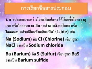 การเรียกชื่อสารประกอบ
1. สารประกอบระหว่างโลหะกับอโลหะ ให้เรียกชื่อโลหะธาตุ
แรก หรือไอออนบวก เต็ม ๆ แล้วตามด้วยอโลหะ หรือ
ไอออนลบ แล้วเปลี่ยนท้ายเสียงเป็นไอด์ (ide) เช่น
Na (Sodium) กับ Cl (Chlorine) เขียนสูตร
NaCl อ่านเป็น Sodium chloride
Ba (Barium) กับ S (Sulfur) เขียนสูตร BaS
อ่านเป็น Barium sulfide
 