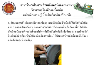 สาขาช่างกลโรงงาน วิทยาลัยเทคนิคกาแพงเพชร
วิชางานเครื่องมือกลเบื้องต้น
หน่วยที่ 3 ความรู้เบื้องต้นเกี่ยวกับเครื่องกลึง
6. ลับมุมหลบข้างโดยวางมีดบนแท่นรองงานเอียงด้านซ้ายมือให้สัมผัสกับล้อหิน
ค่อย ๆ กดมีดเข้าหาล้อหิน พอมีดสัมผัสล้อหินให้เอียงมีดขึ้นเล็กน้อย เพื่อให้ล้อหิน
ตัดเฉือนมีดจากด้านล่างขึ้นมาไม่ควรให้มีดสัมผัสกับผิวล้อหินนาน ควรเลื่อนให้
กินเต็มตัดมีดเต็มหน้าล้อหิน เมื่อเกิดความร้อนให้นามาแช่น้าหล่อเย็นจนเย็นจึงนา
กลับไปลับใหม่ ตามข้อ 4.
 