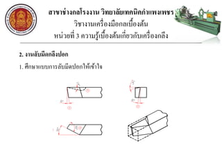 สาขาช่างกลโรงงาน วิทยาลัยเทคนิคกาแพงเพชร
วิชางานเครื่องมือกลเบื้องต้น
หน่วยที่ 3 ความรู้เบื้องต้นเกี่ยวกับเครื่องกลึง
2. งานลับมีดกลึงปอก
1. ศึกษาแบบการลับมีดปอกให้เข้าใจ
 