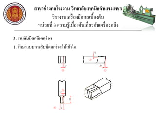สาขาช่างกลโรงงาน วิทยาลัยเทคนิคกาแพงเพชร
วิชางานเครื่องมือกลเบื้องต้น
หน่วยที่ 3 ความรู้เบื้องต้นเกี่ยวกับเครื่องกลึง
3. งานลับมีดกลึงตกร่อง
1. ศึกษาแบบการลับมีดตกร่องให้เข้าใจ
 