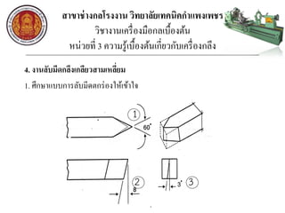 สาขาช่างกลโรงงาน วิทยาลัยเทคนิคกาแพงเพชร
วิชางานเครื่องมือกลเบื้องต้น
หน่วยที่ 3 ความรู้เบื้องต้นเกี่ยวกับเครื่องกลึง
4. งานลับมีดกลึงเกลียวสามเหลี่ยม
1. ศึกษาแบบการลับมีดตกร่องให้เข้าใจ
32
1
 