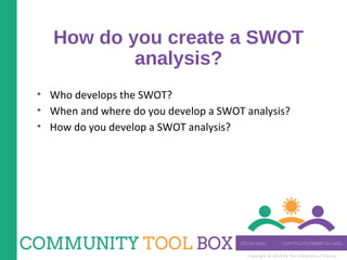 Copyright © 2014 by The University of Kansas
How do you create a SWOT
analysis?
• Who develops the SWOT?
• When and where do you develop a SWOT analysis?
• How do you develop a SWOT analysis?
 
