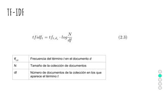 TF-IDF
tft,d
Frecuencia del término t en el documento d
N Tamaño de la colección de documentos
df Número de documentos de la colección en los que
aparece el término t
 