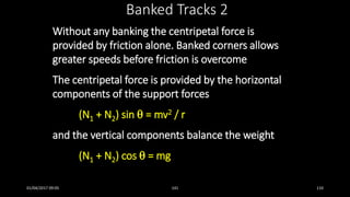 Without any banking the centripetal force is
provided by friction alone. Banked corners allows
greater speeds before friction is overcome
The centripetal force is provided by the horizontal
components of the support forces
(N1 + N2) sin  = mv2 / r
and the vertical components balance the weight
(N1 + N2) cos  = mg
Banked Tracks 2
01/04/2017 09:05 141 110
 