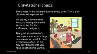 Gravitational chaos!
Every mass in the universe attracts every other. That’s a lot
of forces to keep track of!
But gravity is a very weak
force, so most gravitational
forces at the Earth’s
surface can be ignored.
The gravitational field of a
pen, a person or even a large
mountain is too weak to have
a noticeable effect, so the
only gravitational field you
need to consider is Earth’s.
01/04/2017 09:05 141 123
 