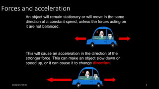 Forces and acceleration
This will cause an acceleration in the direction of the
stronger force. This can make an object slow down or
speed up, or it can cause it to change direction.
An object will remain stationary or will move in the same
direction at a constant speed, unless the forces acting on
it are not balanced.
01/04/2017 09:05 141 3
 