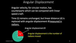 Angular velocity, for circular motion, has
counterparts which can be compared with linear
speed s=d/t.
Time (t) remains unchanged, but linear distance (d) is
replaced with angular displacement  measured in
radians.
Angular Displacement

Angular displacement 
r
r Angular displacement is the number of
radians moved
01/04/2017 09:05 141 62
 