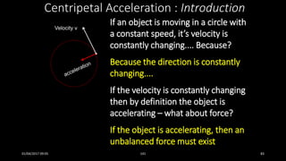 If an object is moving in a circle with
a constant speed, it’s velocity is
constantly changing.... Because?
Because the direction is constantly
changing....
If the velocity is constantly changing
then by definition the object is
accelerating – what about force?
If the object is accelerating, then an
unbalanced force must exist
Centripetal Acceleration : Introduction
Velocity v
01/04/2017 09:05 141 83
 