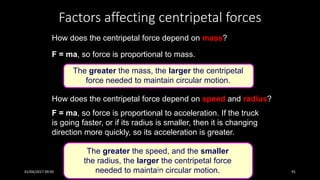 How does the centripetal force depend on mass?
F = ma, so force is proportional to acceleration. If the truck
is going faster, or if its radius is smaller, then it is changing
direction more quickly, so its acceleration is greater.
How does the centripetal force depend on speed and radius?
F = ma, so force is proportional to mass.
The greater the mass, the larger the centripetal
force needed to maintain circular motion.
The greater the speed, and the smaller
the radius, the larger the centripetal force
needed to maintain circular motion.
Factors affecting centripetal forces
01/04/2017 09:05 141 91
 