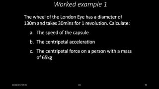 The wheel of the London Eye has a diameter of
130m and takes 30mins for 1 revolution. Calculate:
a. The speed of the capsule
b. The centripetal acceleration
c. The centripetal force on a person with a mass
of 65kg
Worked example 1
01/04/2017 09:05 141 98
 