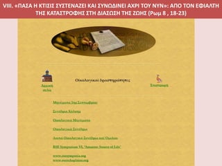 VIIΙ. «ΠΑΣΑ Η ΚΤΙΣΙΣ ΣΥΣΤΕΝΑΖΕΙ ΚΑΙ ΣΥΝΩΔΙΝΕΙ ΑΧΡΙ ΤΟΥ ΝΥΝ»: ΑΠΟ ΤΟΝ ΕΦΙΑΛΤΗ
ΤΗΣ ΚΑΤΑΣΤΡΟΦΗΣ ΣΤΗ ΔΙΑΣΩΣΗ ΤΗΣ ΖΩΗΣ (Ρωμ 8 , 18-23)
 