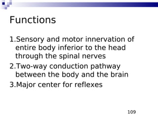 109
Functions
1.Sensory and motor innervation of
entire body inferior to the head
through the spinal nerves
2.Two-way conduction pathway
between the body and the brain
3.Major center for reflexes
 