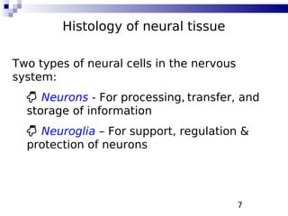 7
Histology of neural tissue
Two types of neural cells in the nervous
system:
 Neurons - For processing, transfer, and
storage of information
 Neuroglia – For support, regulation &
protection of neurons
 