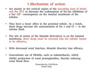 Presented by: Prof.Mirza
Anwar baig
1.Mechanism of action:
• Act mainly in the cortical region of the ascending loop of Henle
and the DCT to decrease the reabsorption of Na+,by inhibition of
a Na+ /Cl− cotransporter on the luminal membrane of the
tubules.
• They have a lesser effect in the proximal tubule. As a result,
these drugs increase the concentration of Na + and Cl − in the
tubular fluid.
• The site of action of the thiazide derivatives is on the luminal
membrane, these drugs must be excreted into the tubular lumen
to be effective.
• With decreased renal function, thiazide diuretics lose efficacy.
• Concomitant use of NSAIDs, such as indomethacin, which
inhibit production of renal prostaglandins, thereby reducing
renal blood flow.
 