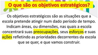 O que são os objetivos estratégicos?
Os objetivos estratégicos são as situações que a
escola pretende atingir num dado período de tempo.
Indicam áreas, ou dimensões, nas quais a escola
concentrará suas preocupações, seus esforços e suas
ações refletindo as prioridades decorrentes da escola
que se quer, e que vamos construir.
 
