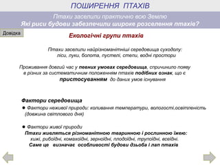 ПОШИРЕННЯ ПТАХІВ
Птахи заселили практично всю Землю
Які риси будови забезпечили широке розселення птахів?
Довідка
Екологічні групи птахів
Птахи заселили найрізноманітніші середовища суходолу:
ліси, луки, болота, пустелі, степи, водні простори
Проживання довгий час у певних умовах середовища, спричинило появу
в різних за систематичним положенням птахів подібних ознак, що є
пристосуванням до даних умов існування
Фактори середовища
● Фактори неживої природи: коливання температури, вологості,освітленість
(довжина світлового дня)
● Фактори живої природи
Птахи живляться різноманітною тваринною і рослинною їжею:
хижі, рибоїдні, комахоїдні, зерноїдні, плодоїдні, трупоїдні, всеїдні.
Саме це визначає особливості будови дзьоба і лап птахів
 