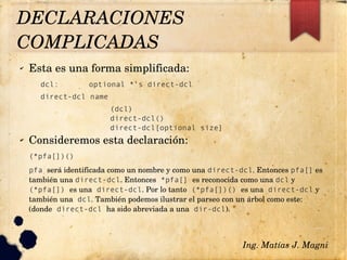 ✔ Esta es una forma simplificada:
dcl: optional *'s direct-dcl
direct-dcl name
(dcl)
direct-dcl()
direct-dcl[optional size]
✔ Consideremos esta declaración:
(*pfa[])()
pfa será identificada como un nombre y como una direct-dcl. Entonces pfa[] es 
también una direct-dcl. Entonces *pfa[] es reconocida como una dcl y 
(*pfa[]) es una direct-dcl. Por lo tanto (*pfa[])() es una direct-dcl y 
también una dcl. También podemos ilustrar el parseo con un árbol como este: 
(donde direct-dcl ha sido abreviada a una dir-dcl).
Ing. Matías J. Magni
DECLARACIONES 
COMPLICADAS 
 
