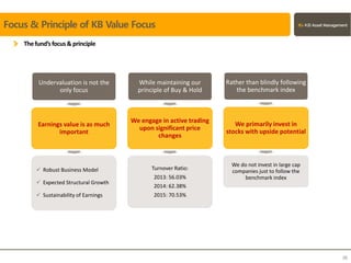 38
Focus & Principle of KB Value Focus
Undervaluation is not the
only focus
Earnings value is as much
important
While maintaining our
principle of Buy & Hold
We engage in active trading
upon significant price
changes
Turnover Ratio:
2013: 56.03%
2014: 62.38%
2015: 70.53%
Rather than blindly following
the benchmark index
We primarily invest in
stocks with upside potential
We do not invest in large cap
companies just to follow the
benchmark index
 Robust Business Model
 Expected Structural Growth
 Sustainability of Earnings
Thefund’sfocus&principle
 