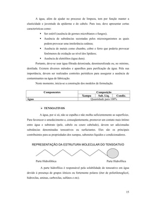15
A água, além de ajudar no processo de limpeza, tem por função manter a
elasticidade e juventude da epiderme e do cabelo. Para isso, deve apresentar certas
características como:
 Ser estéril (ausência de germes microbianos e fungos);
 Ausência de substâncias secretadas pelos microorganismos as quais
podem provocar uma intolerância cutânea;
 Ausência de metais como chumbo, cobre e ferro que poderia provocar
fenômenos de oxidação ao nível dos lipídeos;
 Ausência de eletrólitos (água dura).
Portanto, deve-se usar água filtrada deionizada, desmineralizada ou, no mínimo,
destilada. Existem diversos métodos e aparelhos para purificação da água. Pela sua
importância, devem ser realizados controles periódicos para assegurar a ausência de
contaminantes na água de fabricação.
Neste momento, inicia-se a construção dos modelos de formulação.
 TENSOATIVOS
A água, por si só, não se espalha e não molha suficientemente as superfícies.
Para favorecer o umedecimento e, conseqüentemente, promover um contato mais íntimo
entre água e substrato (pele, cabelo ou couro cabeludo), devem ser adicionadas
substâncias denominadas tensoativos ou surfactantes. Eles são os principais
contribuintes para as propriedades dos xampus, sabonetes líquidos e condicionadores.
REPRESENTAÇÃO DA ESTRUTURA MOLECULAR DO TENSOATIVO
Parte Hidrofóbica Parte Hidrofílica
A parte hidrofílica é responsável pela solubilidade do tensoativo em água
devido à presença de grupos iônicos ou fortemente polares (éter de polietilenoglicol,
hidroxilas, aminas, carboxilas, sulfatos e etc).
Componentes Composição
Xampu Sab. Liq. Condic.
Água Quantidade para 100%
 