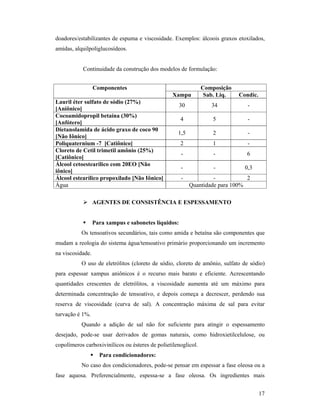 17
doadores/estabilizantes de espuma e viscosidade. Exemplos: álcoois graxos etoxilados,
amidas, alquilpoliglucosídeos.
Continuidade da construção dos modelos de formulação:
 AGENTES DE CONSISTÊNCIA E ESPESSAMENTO
 Para xampus e sabonetes líquidos:
Os tensoativos secundários, tais como amida e betaína são componentes que
mudam a reologia do sistema água/tensoativo primário proporcionando um incremento
na viscosidade.
O uso de eletrólitos (cloreto de sódio, cloreto de amônio, sulfato de sódio)
para espessar xampus aniônicos é o recurso mais barato e eficiente. Acrescentando
quantidades crescentes de eletrólitos, a viscosidade aumenta até um máximo para
determinada concentração de tensoativo, e depois começa a decrescer, perdendo sua
reserva de viscosidade (curva de sal). A concentração máxima de sal para evitar
turvação é 1%.
Quando a adição de sal não for suficiente para atingir o espessamento
desejado, pode-se usar derivados de gomas naturais, como hidroxietilcelulose, ou
copolímeros carboxivinílicos ou ésteres de polietilenoglicol.
 Para condicionadores:
No caso dos condicionadores, pode-se pensar em espessar a fase oleosa ou a
fase aquosa. Preferencialmente, espessa-se a fase oleosa. Os ingredientes mais
Componentes Composição
Xampu Sab. Liq. Condic.
Lauril éter sulfato de sódio (27%)
[Aniônico]
30 34 -
Cocoamidopropil betaína (30%)
[Anfótero]
4 5 -
Dietanolamida de ácido graxo de coco 90
[Não Iônico]
1,5 2 -
Poliquaternium -7 [Catiônico] 2 1 -
Cloreto de Cetil trimetil amônio (25%)
[Catiônico]
- - 6
Álcool cetoestearílico com 20EO [Não
iônico]
- - 0,3
Álcool estearílico propoxilado [Não Iônico] - - 2
Água Quantidade para 100%
 