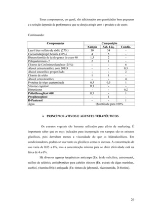 20
Esses componentes, em geral, são adicionados em quantidades bem pequenas
e a seleção depende da performance que se deseja atingir com o produto e do custo.
Continuando:
 PRINCÍPIOS ATIVOS E AGENTES TERAPÊUTICOS
Os extratos vegetais são bastante utilizados para efeito de marketing. É
importante saber que os mais indicados para incoporação em xampus são os extratos
glicólicos, pois derrubam menos a viscosidade do que os hidroalcoólicos. Em
condicionadores, podem-se usar tanto os glicólicos como os oleosos. A concentração de
uso varia de 0,05 a 6%, mas a concentração mínima para se obter efetividade está na
faixa de 4 a 6%.
Há diversos agentes terapêuticos anticaspa (Ex: ácido salicílico, cetoconazol,
sulfeto de selênio), antiseborréico para cabelos oleosos (Ex: extrato de algas marinhas,
asebiol, vitamina B6) e antiqueda (Ex: tintura de jaborandi, nicotinamida, D-biotina).
Componentes Composição
Xampu Sab. Liq. Condic.
Lauril éter sulfato de sódio (27%) 30 34 -
Cocoamidopropil betaína (30%) 4 5 -
Dietanolamida de ácido graxo de coco 90 1,5 2 -
Poliquaternium -7 2 1 -
Cloreto de Cetiltrimetilamônio (25%) - - 6
Álcool cetoestearílico com 20EO - - 0,3
Álcool estearílico propoxilado - - 2
Cloreto de sódio 1 1 -
Álcool cetoestearílico - - 4
Proteína de trigo quaternizada 0,5 0,5 1
Silicone copoliol 0,3 - -
Dimeticone - - 0,2
Polietilenoglicol 400 0,5 - 1
Propilenoglicol - 1 -
D-Pantenol - - 1
Água Quantidade para 100%
 