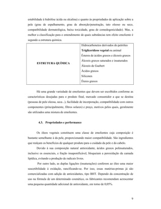 9
estabilidade à hidrólise ácida ou alcalina) e quanto às propriedades de aplicação sobre a
pele (grau de espalhamento, grau de absorção/penetração, tato oleoso ou seco,
compatibilidade dermatológica, baixa toxicidade, grau de comedogenicidade). Mas, a
melhor a classificação para o entendimento de quais substâncias tem efeito emoliente é
segundo a estrutura química.
ESTRUTURA QUÍMICA
Hidrocarbonetos derivados do petróleo
Triglicerídeos vegetal ou animal
Ésteres de ácidos graxos e álcoois graxos
Álcoois graxos saturados e insaturados
Álcoois de Guebert
Ácidos graxos
Silicones
Éteres graxos
Há uma grande variedade de emolientes que devem ser escolhidos conforme as
características desejadas para o produto final, mercado consumidor a que se destina
(pessoas de pele oleosa, seca...), facilidade de incorporação, compatibilidade com outros
componentes (principalmente, filtros solares) e preço, motivos pelos quais, geralmente
são utilizados uma mistura de emolientes.
4.3. Propriedades e performance
Os óleos vegetais constituem uma classe de emolientes cuja composição é
bastante semelhante à da pele, proporcionando maior compatibilidade. São ingredientes
que realçam os benefícios de qualquer produto para o cuidado da pele e do cabelo.
Devido à sua composição natural antioxidante, ácidos graxos polinsaturados,
inclusive os essenciais, e fração insaponificável, bloqueiam a peroxidação da camada
lipídica, evitando a produção de radicais livres.
Por outro lado, as duplas ligações (insaturações) conferem ao óleo uma maior
suscetibilidade à oxidação, rancificando-se. Por isso, essas matérias-primas já são
comercializadas com adição de antioxidantes, tipo BHT. Dependo da concentração de
uso na fórmula de um determinado cosmético, os fabricantes recomendam acrescentar
uma pequena quantidade adicional de antioxidante, em torno de 0,05%.
 