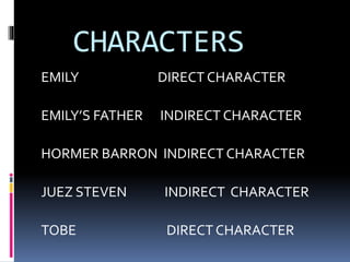 CHARACTERS
EMILY DIRECT CHARACTER
EMILY’S FATHER INDIRECT CHARACTER
HORMER BARRON INDIRECT CHARACTER
JUEZ STEVEN INDIRECT CHARACTER
TOBE DIRECT CHARACTER
 