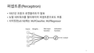 퍼셉트론(Perceptron)
• 1957년 프랑크 로젠블라트가 발표
• 뉴럴 네트워크를 멀티레이어 퍼셉트론으로도 부름
• 사이킷런(v0.18)에는 MLPClassifier, MLPRegressor
16
 
