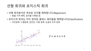 선형 회귀와 로지스틱 회귀
• 선형 회귀분석은 연속된 숫자를 예측합니다.(Regression)
• 환율 가격 예측, 농작물 수확량 등
• 로지스틱 회귀는 미리 정의된 클래스 레이블을 예측합니다(Classification)
• 이진분류: 스팸분류, 암진단, 다중 분류: 손글씨 숫자 분류
4
𝑦" = 𝑤	×	𝑥 + 𝑏
 