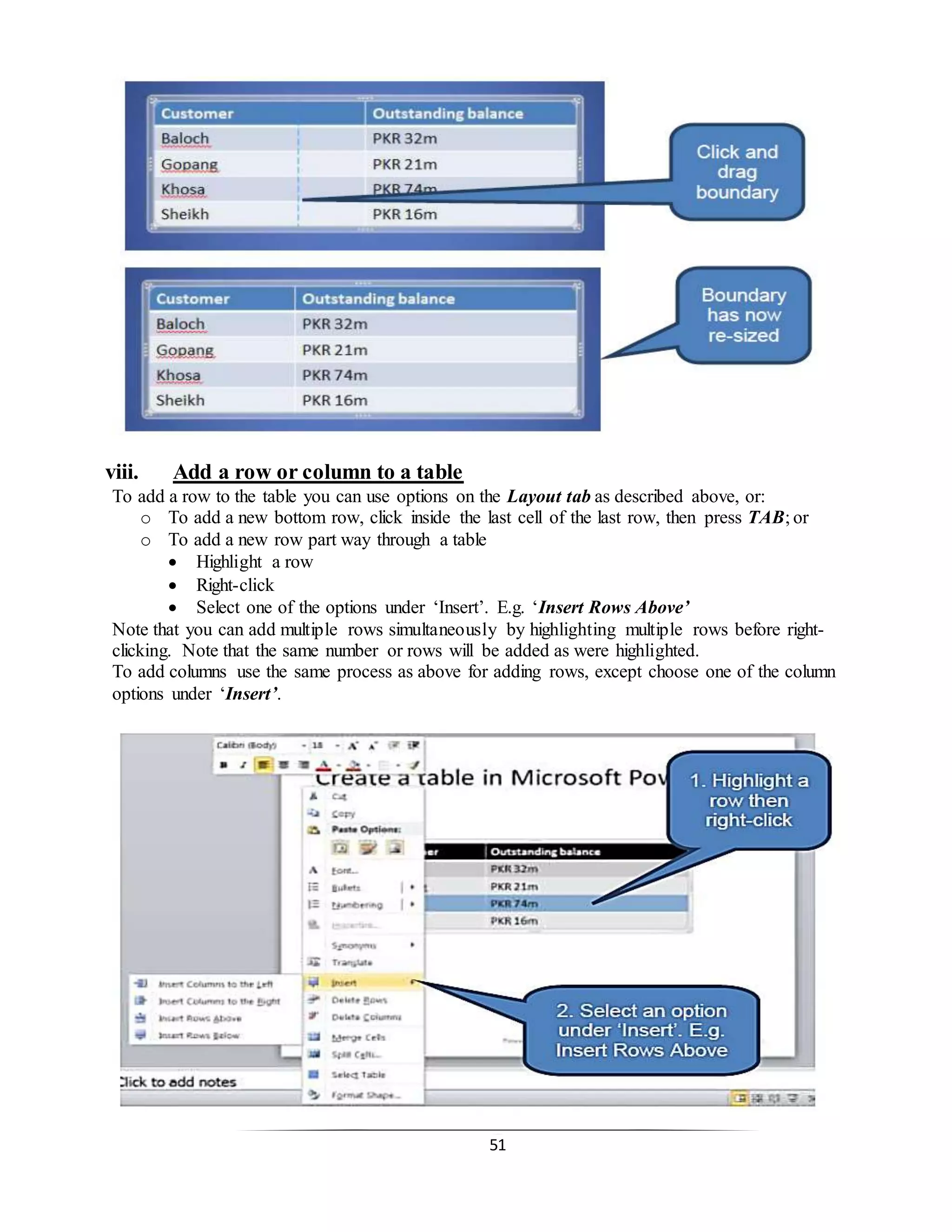51
viii. Add a row or column to a table
To add a row to the table you can use options on the Layout tab as described above, or:
o To add a new bottom row, click inside the last cell of the last row, then press TAB; or
o To add a new row part way through a table
 Highlight a row
 Right-click
 Select one of the options under ‘Insert’. E.g. ‘Insert Rows Above’
Note that you can add multiple rows simultaneously by highlighting multiple rows before right-
clicking. Note that the same number or rows will be added as were highlighted.
To add columns use the same process as above for adding rows, except choose one of the column
options under ‘Insert’.
 