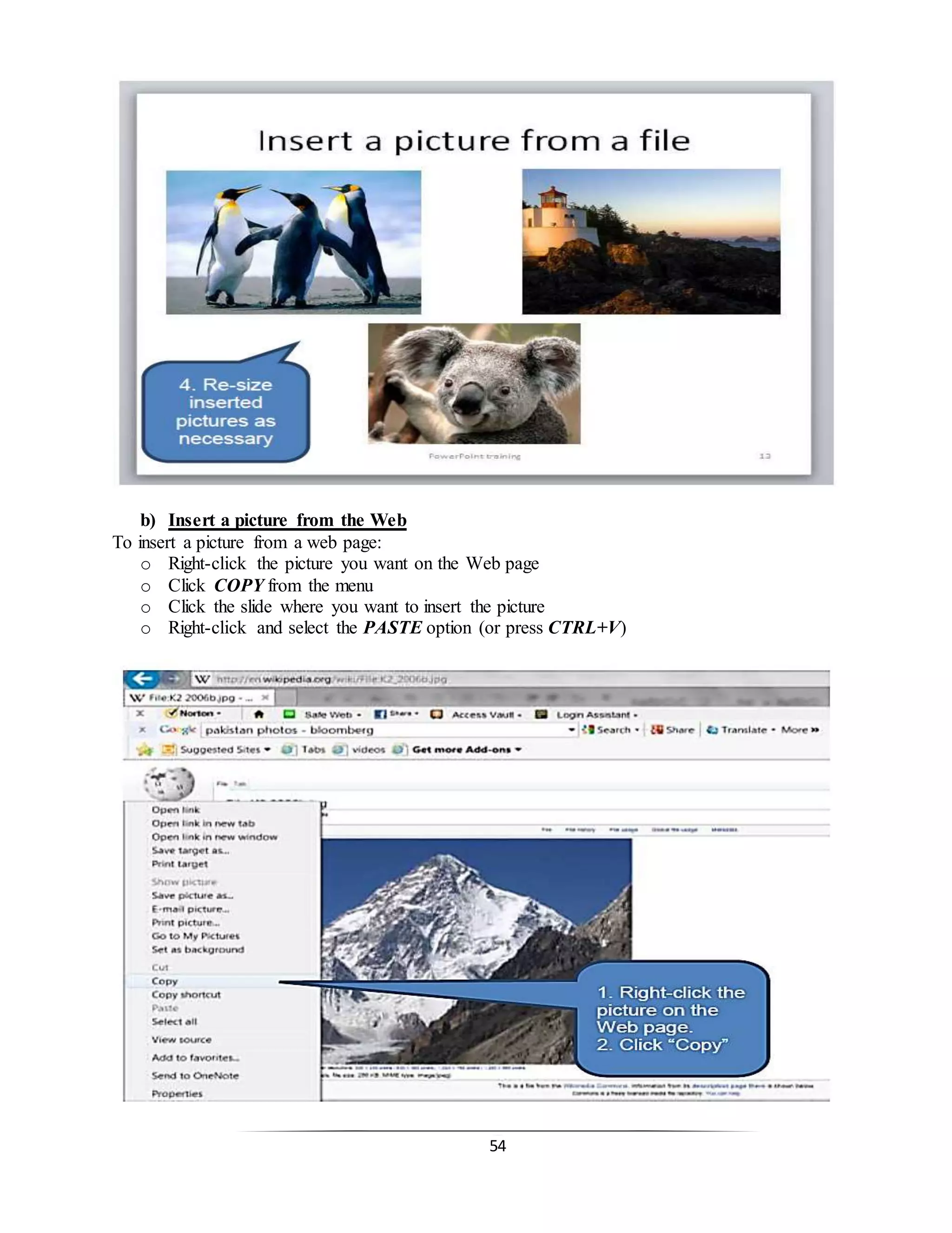 54
b) Insert a picture from the Web
To insert a picture from a web page:
o Right-click the picture you want on the Web page
o Click COPY from the menu
o Click the slide where you want to insert the picture
o Right-click and select the PASTE option (or press CTRL+V)
 