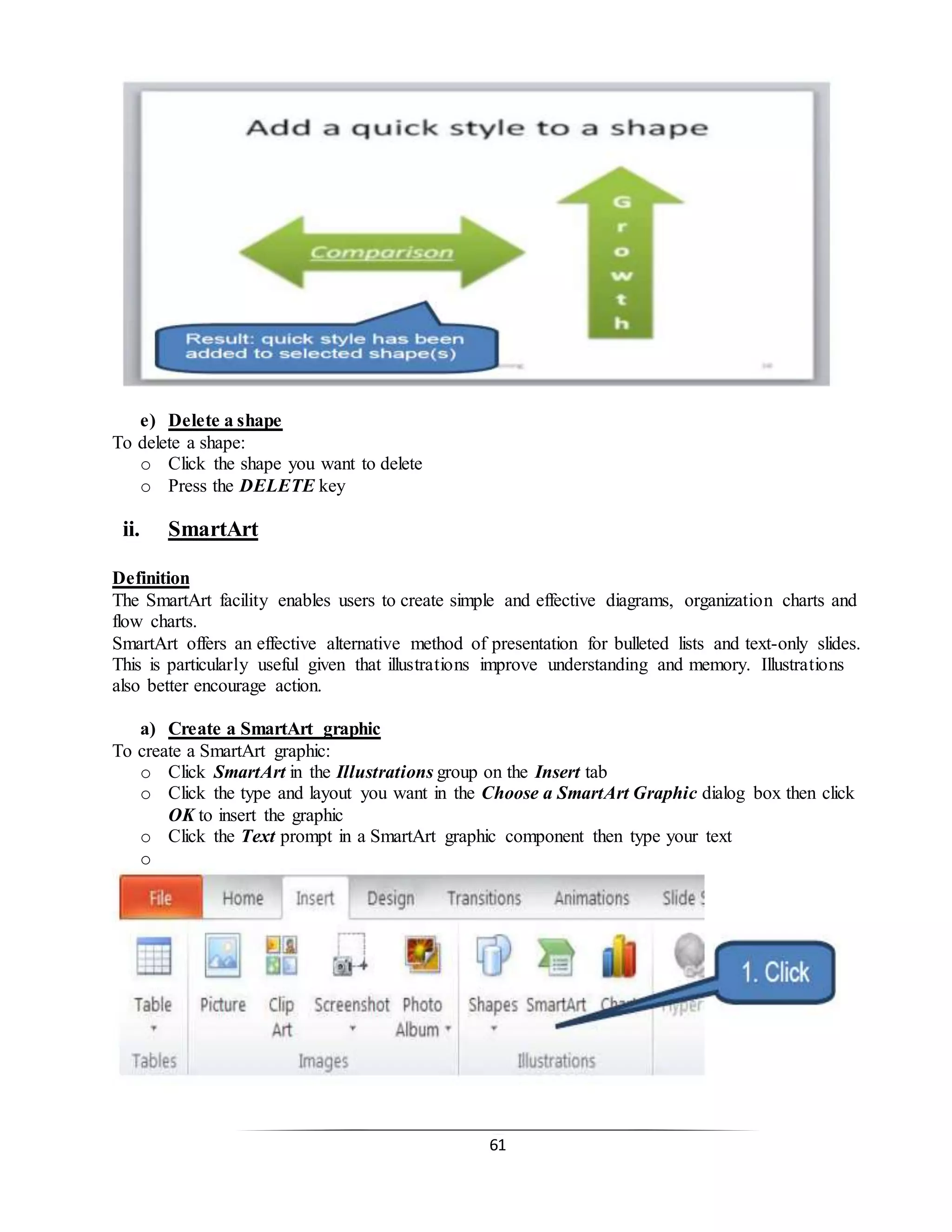 61
e) Delete a shape
To delete a shape:
o Click the shape you want to delete
o Press the DELETE key
ii. SmartArt
Definition
The SmartArt facility enables users to create simple and effective diagrams, organization charts and
flow charts.
SmartArt offers an effective alternative method of presentation for bulleted lists and text-only slides.
This is particularly useful given that illustrations improve understanding and memory. Illustrations
also better encourage action.
a) Create a SmartArt graphic
To create a SmartArt graphic:
o Click SmartArt in the Illustrations group on the Insert tab
o Click the type and layout you want in the Choose a SmartArt Graphic dialog box then click
OK to insert the graphic
o Click the Text prompt in a SmartArt graphic component then type your text
o
 