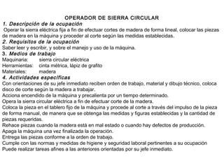 OPERADOR DE SIERRA CIRCULAR
1. Descripción de la ocupación
Operar la sierra eléctrica fija a fin de efectuar cortes de madera de forma lineal, colocar las piezas
de madera en la máquina y proceder al corte según las medidas establecidas.
2. Requisitos de la ocupación
Saber leer y escribir, y sobre el manejo y uso de la máquina.
3. Medios de trabajo
Maquinaria: sierra circular eléctrica
Herramientas: cinta métrica, lápiz de grafito
Materiales: madera
4. Actividades específicas
Con orientaciones de su jefe inmediato reciben orden de trabajo, material y dibujo técnico, coloca
disco de corte según la madera a trabajar.
Acciona encendido de la máquina y precalienta por un tiempo determinado.
Opera la sierra circular eléctrica a fin de efectuar corte de la madera.
Coloca la pieza en el tablero fijo de la máquina y procede al corte a través del impulso de la pieza
de forma manual, de manera que se obtenga las medidas y figuras establecidas y la cantidad de
piezas requeridas.
Rehace piezas cuando la madera está en mal estado o cuando hay defectos de producción.
Apaga la máquina una vez finalizada la operación.
Entrega las piezas conforme a la orden de trabajo.
Cumple con las normas y medidas de higiene y seguridad laboral pertinentes a su ocupación
Puede realizar tareas afines a las anteriores orientadas por su jefe inmediato.
 