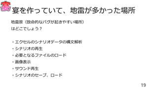 19
宴を作っていて、地雷が多かった場所
地雷原（致命的なバグが起きやすい場所）
はどこでしょう？
・エクセルのシナリオデータの構文解析
・シナリオの再生
・必要となるファイルのロード
・画像表示
・サウンド再生
・シナリオのセーブ、ロード
 