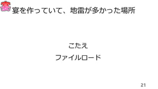 21
宴を作っていて、地雷が多かった場所
こたえ
ファイルロード
 