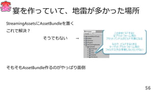 StreamingAssetsにAssetBundleを置く
これで解決？
そうでもない →
そもそもAssetBundle作るのがやっぱり面倒
56
宴を作っていて、地雷が多かった場所
 