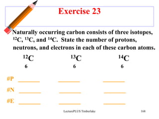 Exercise 23
Naturally occurring carbon consists of three isotopes,
12C, 13C, and 14C. State the number of protons,
neutrons, and electrons in each of these carbon atoms.
12C 13C 14C
6 6 6
#P _______ _______ _______
#N _______ _______ _______
#E _______ _______ _______
LecturePLUS Timberlake 168
 
