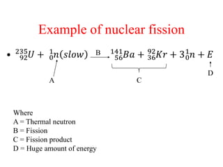 Example of nuclear fission
A
B
C
D
Where
A = Thermal neutron
B = Fission
C = Fission product
D = Huge amount of energy
 