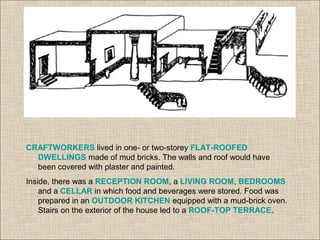 CRAFTWORKERS lived in one- or two-storey FLAT-ROOFED
DWELLINGS made of mud bricks. The walls and roof would have
been covered with plaster and painted.
Inside, there was a RECEPTION ROOM, a LIVING ROOM, BEDROOMS
and a CELLAR in which food and beverages were stored. Food was
prepared in an OUTDOOR KITCHEN equipped with a mud-brick oven.
Stairs on the exterior of the house led to a ROOF-TOP TERRACE.
 