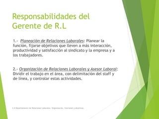 Responsabilidades del
Gerente de R.L
1.- Planeación de Relaciones Laborales: Planear la
función, fijarse objetivos que lleven a más interacción,
productividad y satisfacción al sindicato y la empresa y a
los trabajadores.
2.- Organización de Relaciones Laborales y Asesor Laboral:
Dividir el trabajo en el área, con delimitación del staff y
de línea, y controlar estas actividades.
3.4 Departamento de Relaciones Laborales. Organización, funciones y objetivos.
 