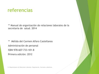 referencias
** Manual de organización de relaciones laborales de la
secretaria de salud. 2014
** Mélida del Carmen Alfaro Castellanos
Administración de personal
ISBN 978-607-733-101-8
Primera edición: 2012
3.4 Departamento de Relaciones Laborales. Organización, funciones y objetivos.
 