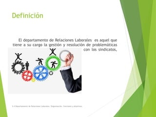 Definición
El departamento de Relaciones Laborales es aquel que
tiene a su cargo la gestión y resolución de problemáticas
referidas a la relación de la empresa con los sindicatos,
federaciones y cámaras empresariales.
3.4 Departamento de Relaciones Laborales. Organización, funciones y objetivos.
 