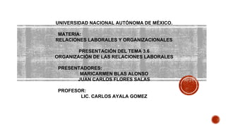 UNIVERSIDAD NACIONAL AUTÓNOMA DE MÉXICO.
MATERIA:
RELACIONES LABORALES Y ORGANIZACIONALES
PRESENTACIÓN DEL TEMA 3.6
ORGANIZACIÓN DE LAS RELACIONES LABORALES
PRESENTADORES:
MARICARMEN BLAS ALONSO
JUAN CARLOS FLORES SALAS
PROFESOR:
LIC. CARLOS AYALA GOMEZ
1
 